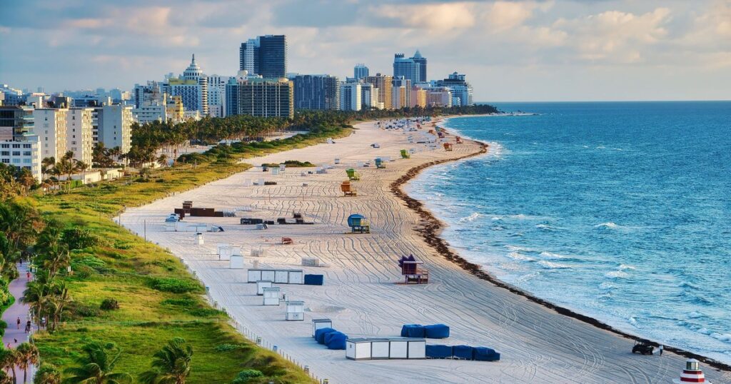 Aerial view of South Beach, Miami Beach, at golden hour