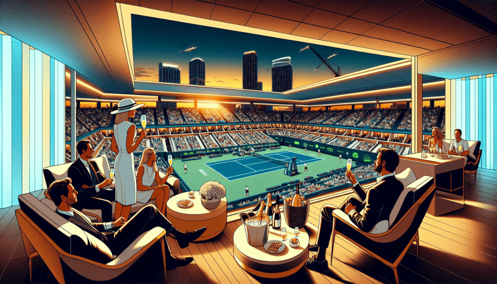 Luxury Miami Open 2026 tennis tournament VIP suite with champagne and Miami skyline - courtside hospitality