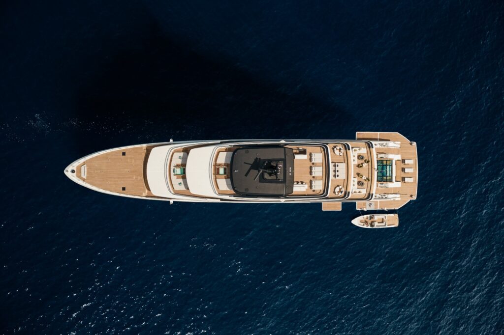 The Sanlorenzo 74Steel, the Italian shipyard's 74 metre flagship, photographed at La Spezia where the first hull was unveiled on 1 October 2025