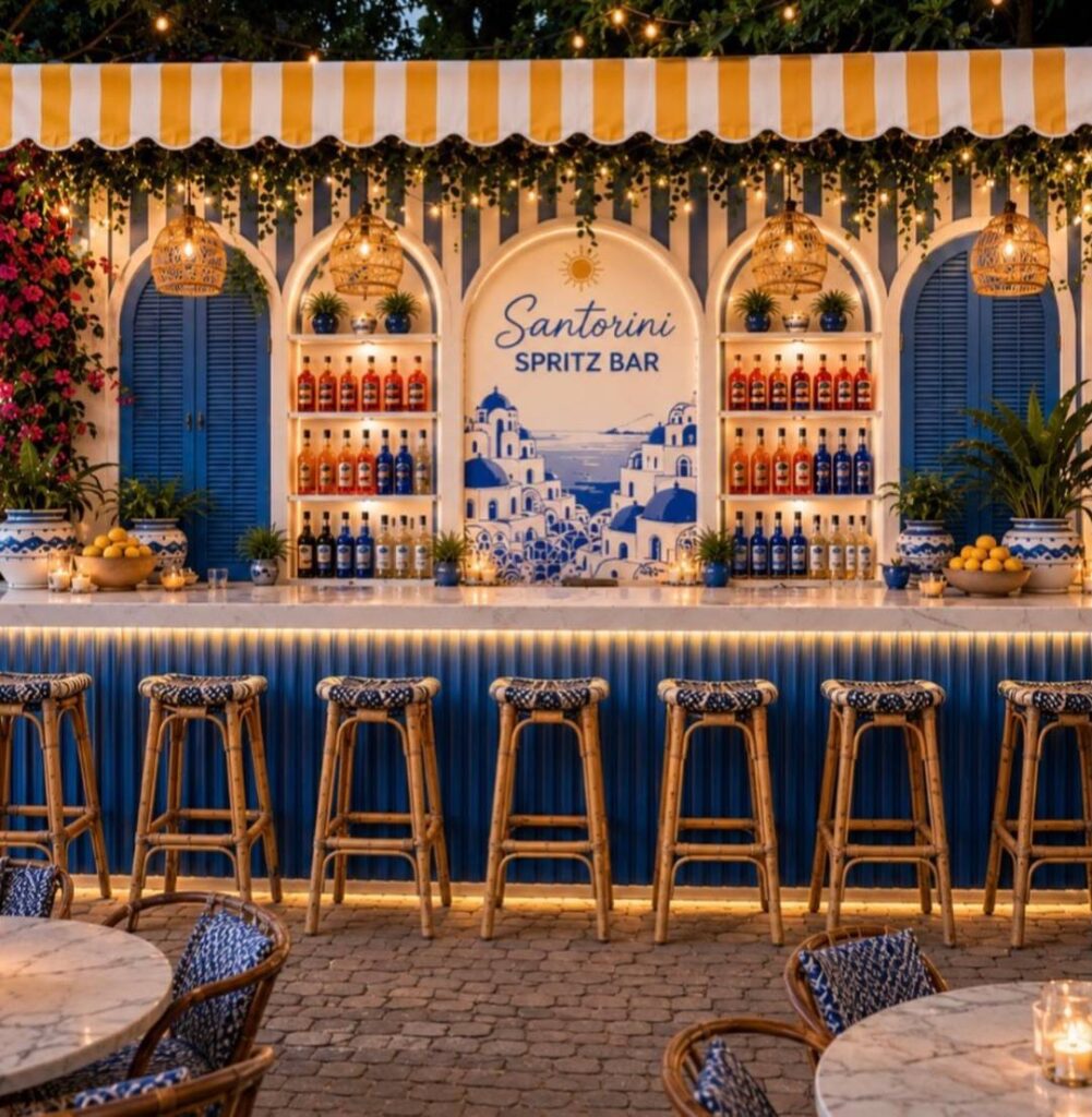 The Santorini Spritz Bar in blue and white with rattan stools and lantern light at Santorini by Georgios, South Beach