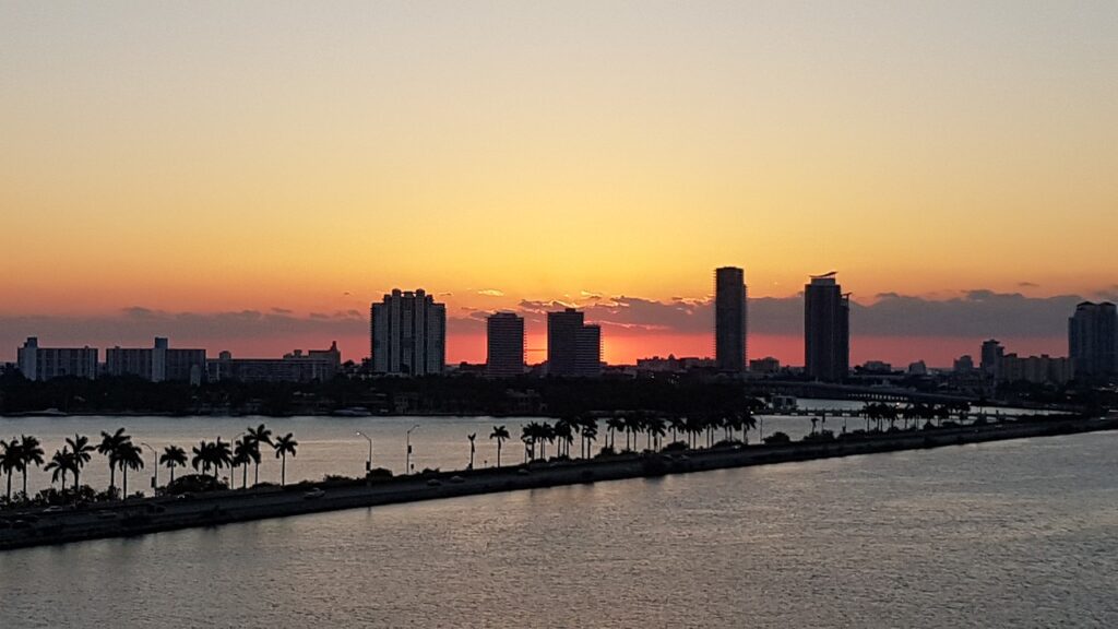 Sunrise over Miami Beach with the Atlantic Ocean and downtown skyline