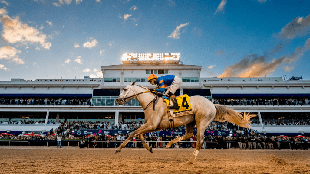 Thoroughbred racehorse with jockey in blue and orange silks crossing the finish line at Gulfstream Park during the Pegasus World Cup, with grandstands full of spectators at sunset