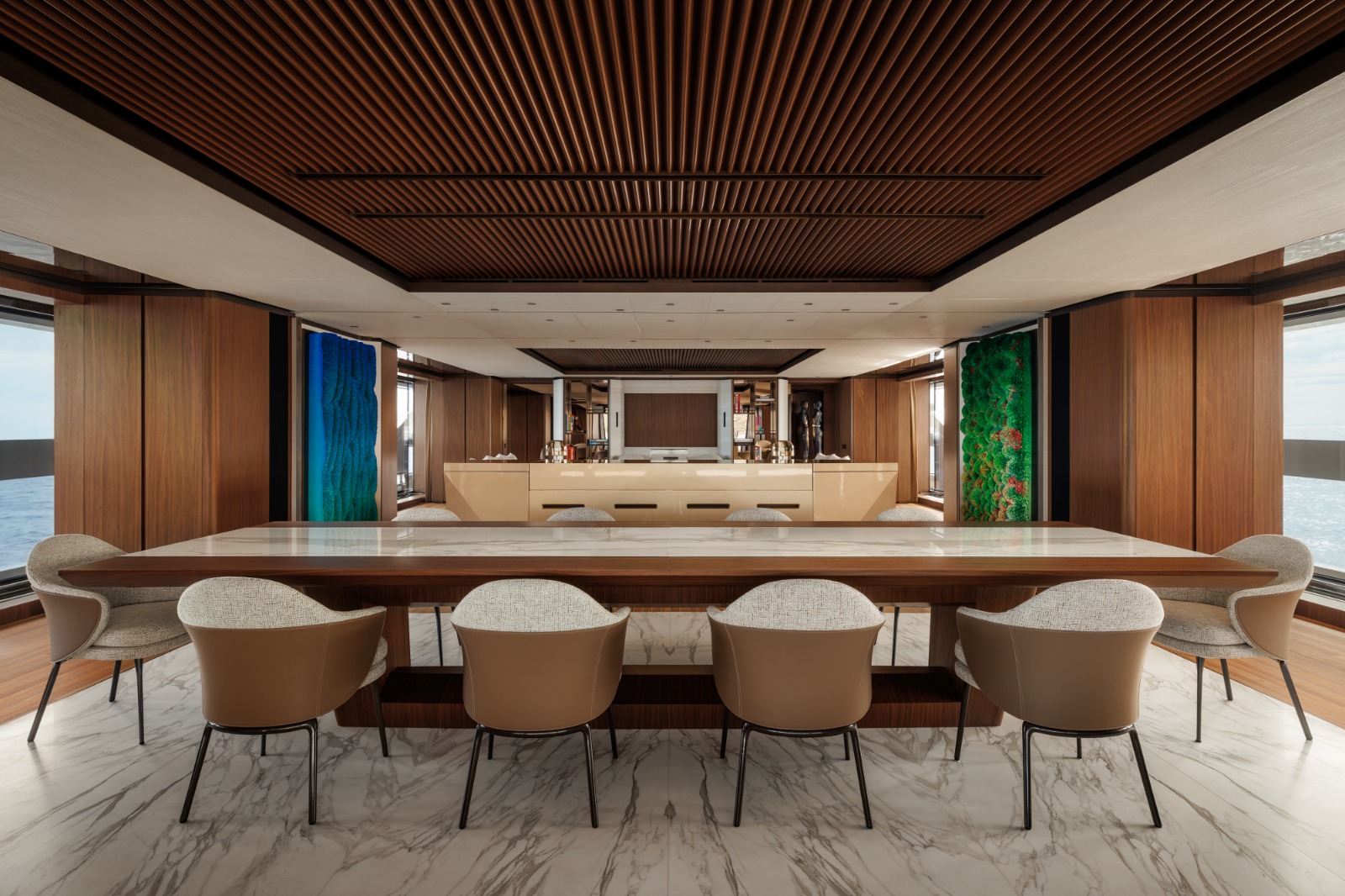 Interior of the Sanlorenzo 74Steel owner's deck, a 130 square metre private suite with lounge, office and walk-in wardrobe