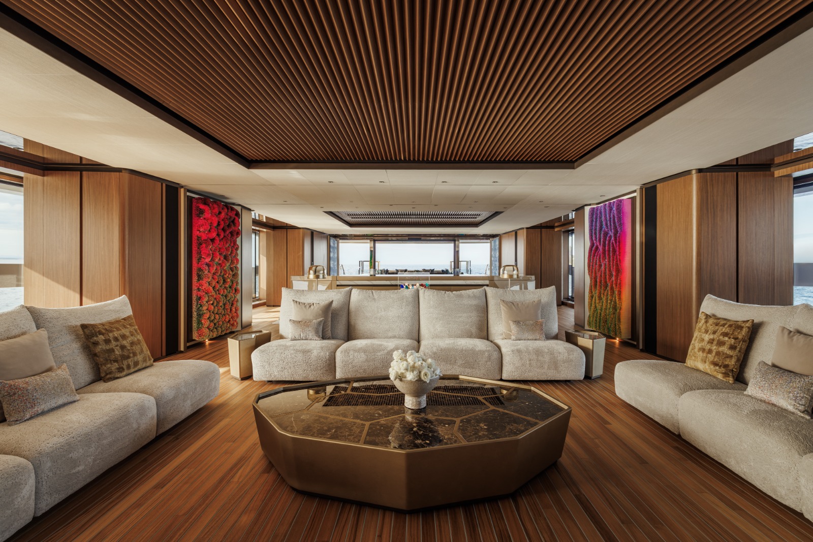 Detail of the Sanlorenzo 74Steel owner's deck interior, finished in matte wood and marble by Francesco Paszkowski and Margherita Casprini