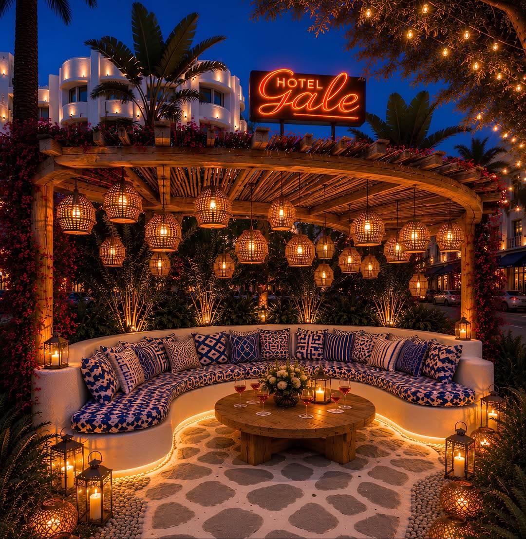 Rendering of the lantern-lit outdoor lounge beneath a pergola at Santorini by Georgios, Gale South Beach
