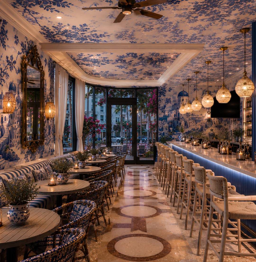 Rendering of the blue and white dining room of Santorini by Georgios with hand-painted island motifs