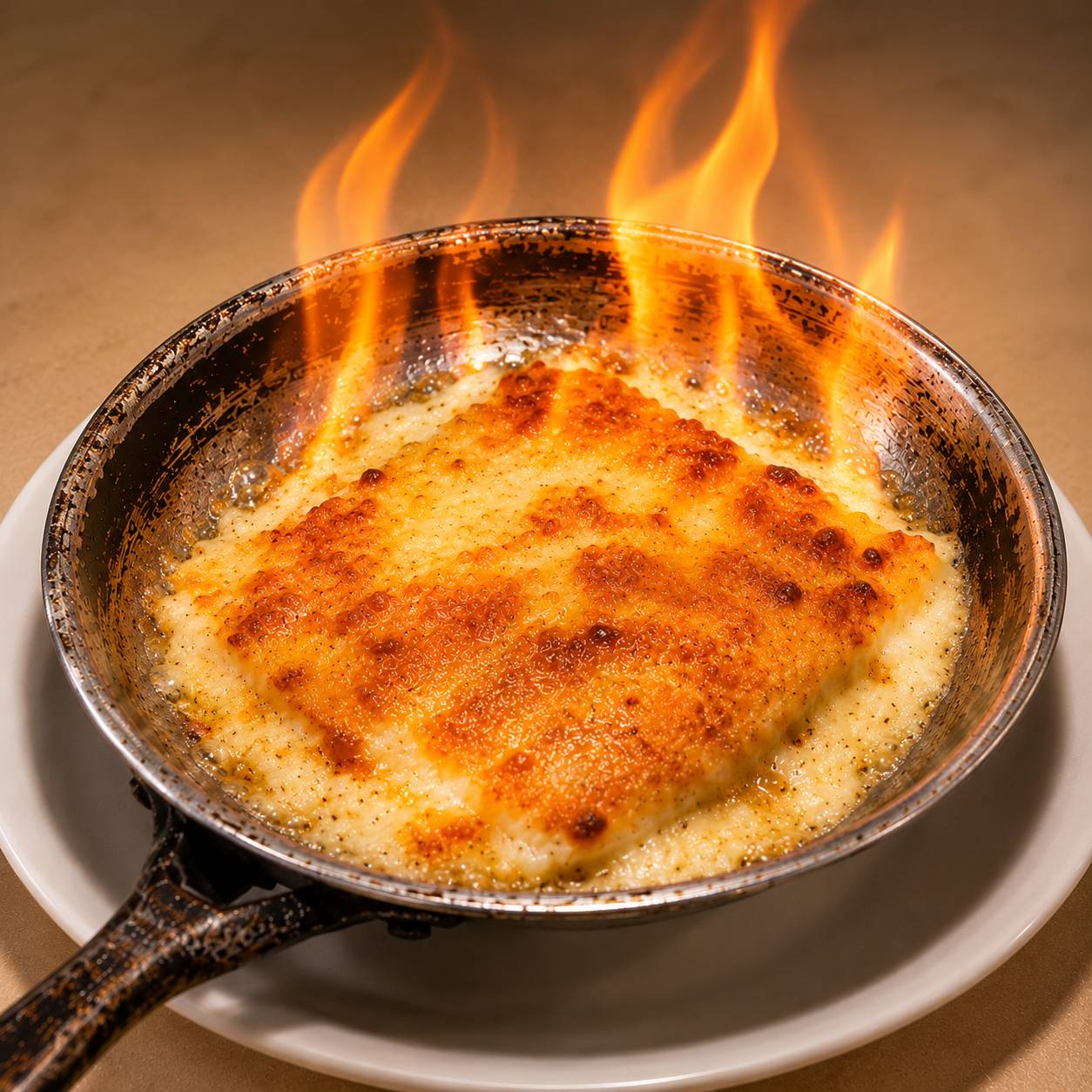 Flaming saganaki, the kefalograviera cheese flambeed tableside at Santorini by Georgios