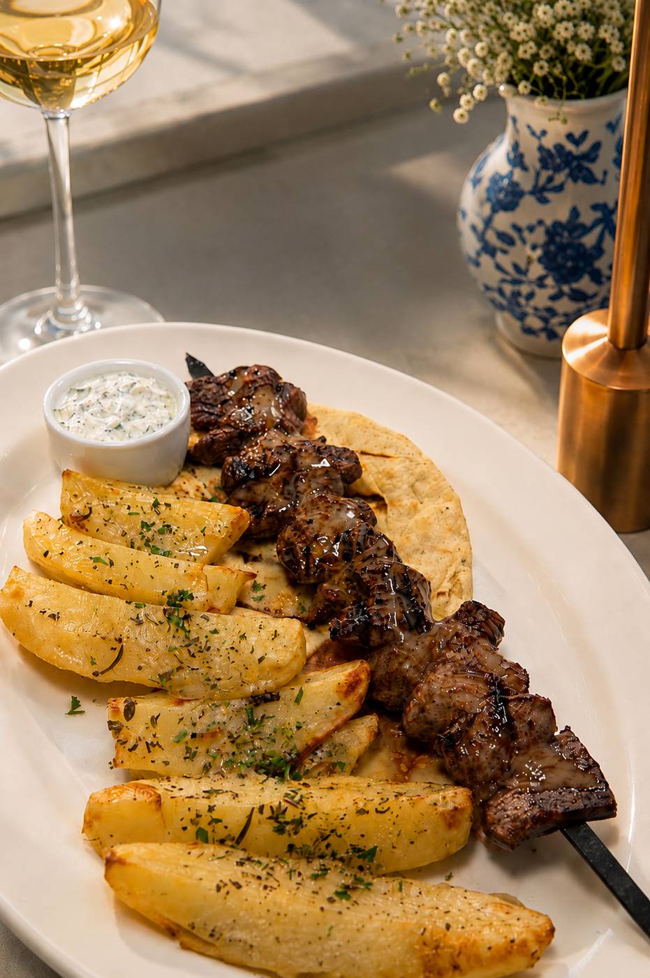 Grilled souvlaki skewer with lemon potatoes and tzatziki at Santorini by Georgios, South Beach
