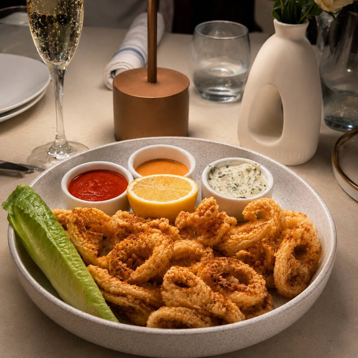 Crisp fried calamari with lemon and three sauces at Santorini by Georgios