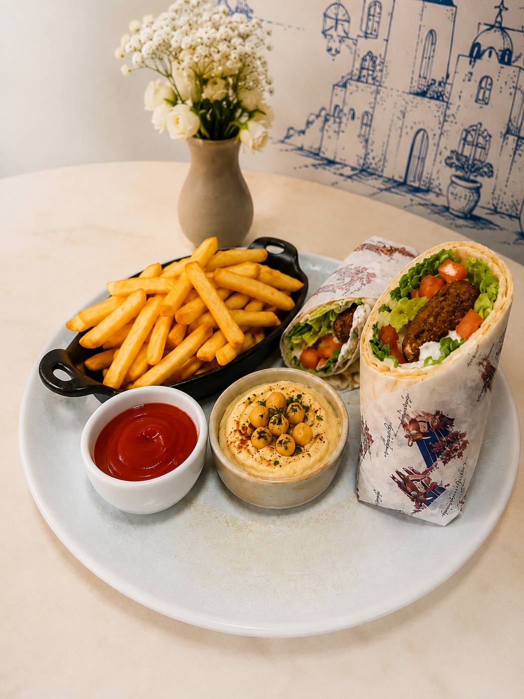 Falafel wrap with hummus and golden fries at Santorini by Georgios, Gale South Beach