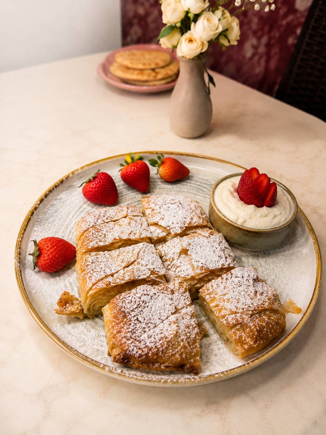 Bougatsa dusted with powdered sugar, served with strawberries and cream at Santorini by Georgios