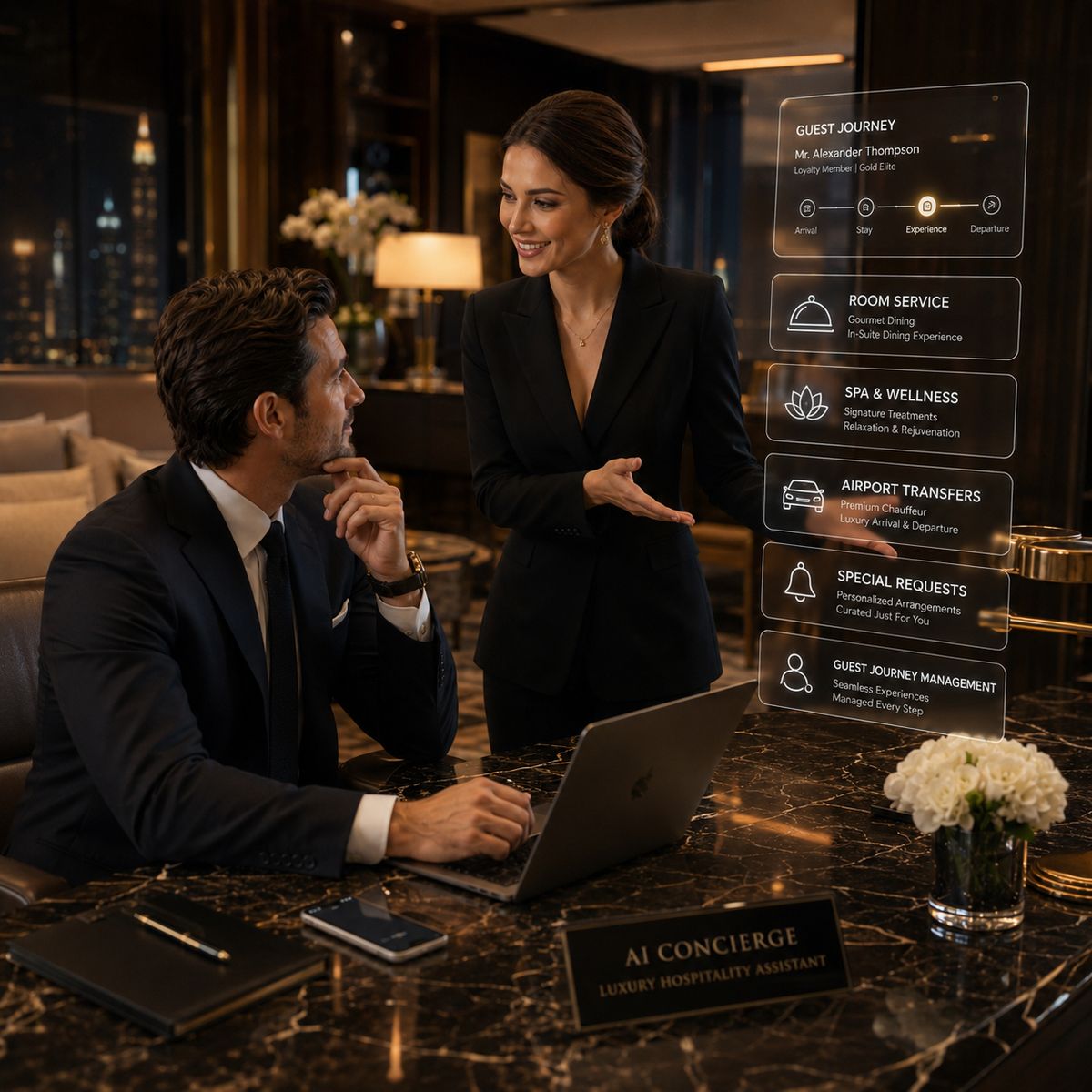 A private AI concierge guiding a guest journey in a luxury hotel